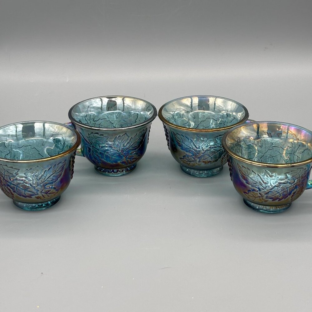 Vintage Indiana Princless Blue Iridescent Carnival Glass Punch Bowl Cups Set 4